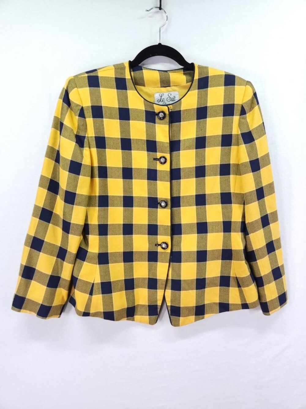 Le Suit Yellow Navy Plaid Blazer Womens 12P Vintage Preppy Clueless Aesthetic